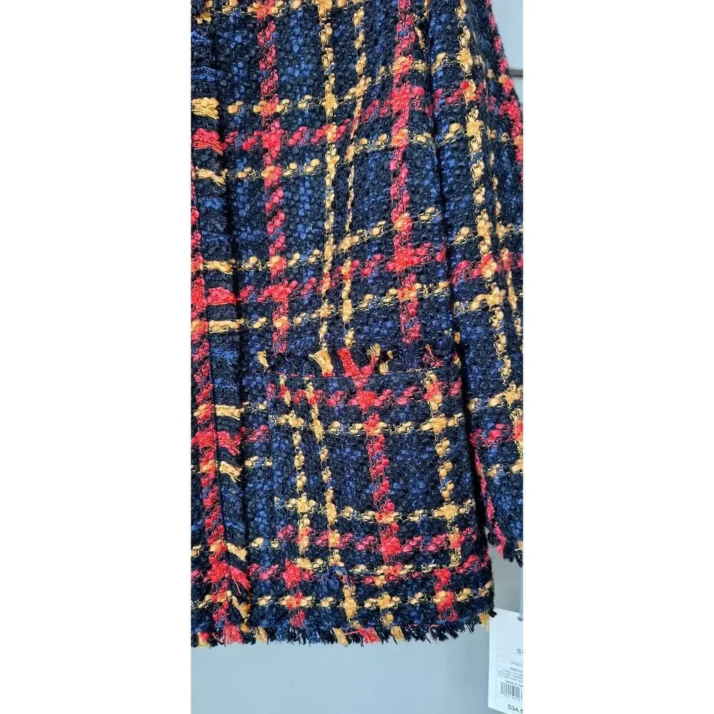 Tweed Bouclé Lady Jacket Fall Winter Blazer Plaid Black Orange-Red Yellow Size S